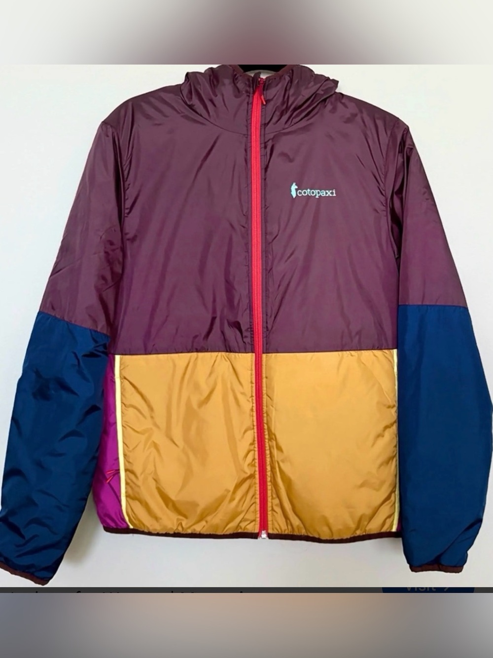 cotopaxi reversible Colorblock Hooded Puffer Jacket in Maroon, Mustard & Navy M